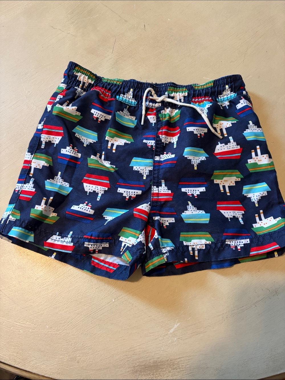 Janie and Jack Navy Swim Trunks with Multicolor Boat Print 18-24 Months